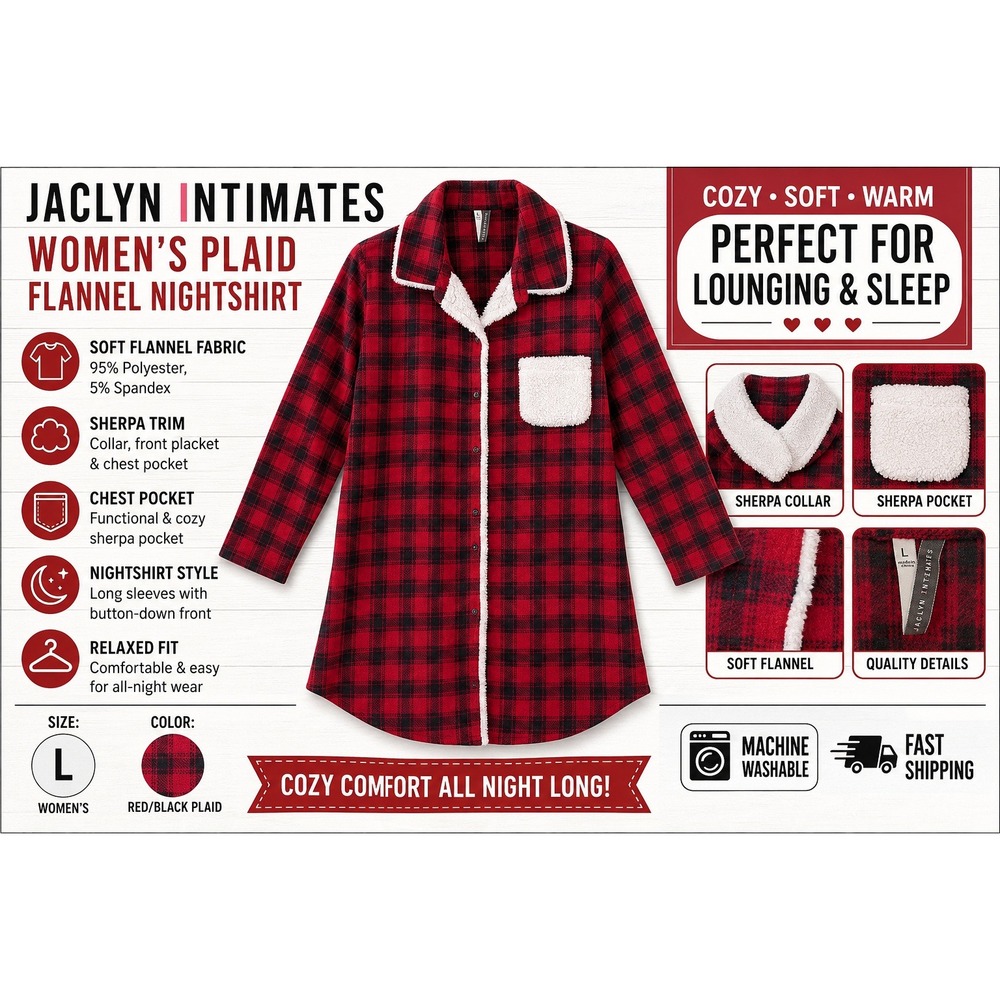 Jaclyn Intimates Red Black Buffalo Plaid Sherpa Trim Sleep Shirt Nightgown L